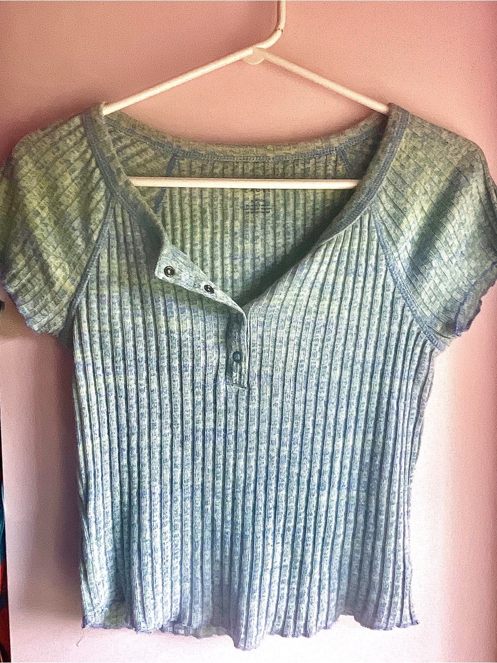 American Eagle Outfitters Ribbed Short-Sleeve Henley Top - Sage Green